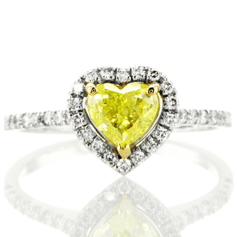 Diamond Halo Engagement Ring Yellow Heart Shaped 14K White Gold 1.38 TCW